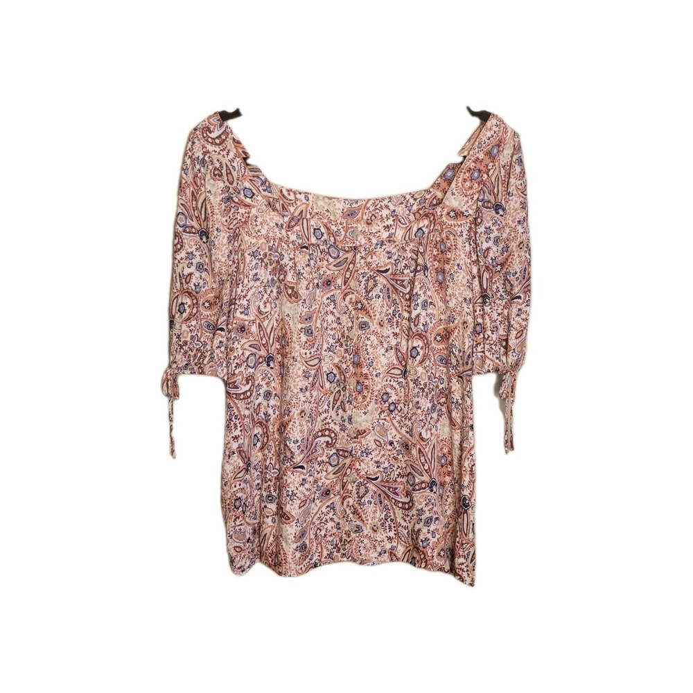 Angels Forever Young Womens L Paisley Peasant Blouse Rayon‎ Tie Sleeve Boho Top